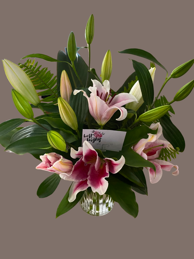 Stunning arrangement, a mass of lillies, pink or white amongst tropical leaves, seventy five dollars plus ten dollars delivery