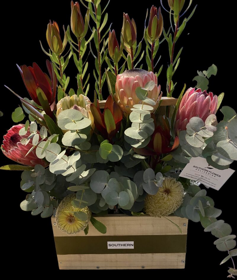 Array of local native flowers and blue gum encased in a timber crate