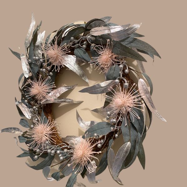 side view of artificial grey green silvery eucalypt Christmas wreath