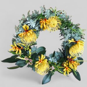 Native wreath with pin cushions, kangaroo paws, mixed light and dark green foilage