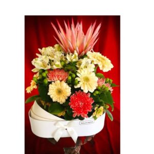 An elegant gift to congratulate the arrival of a new baby girl. A white cradle with white and pink gerberas, green foilage and a stunning king protea to highlight